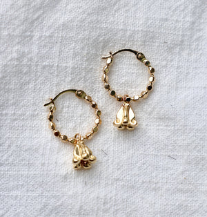 Solid Gold Crown Flower on GOLD FILLED Hoops (Dangle)