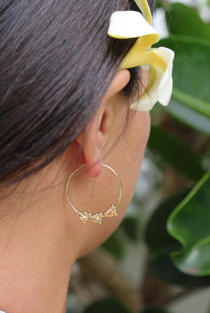 Solid Gold Crown Flower Floating Hoops